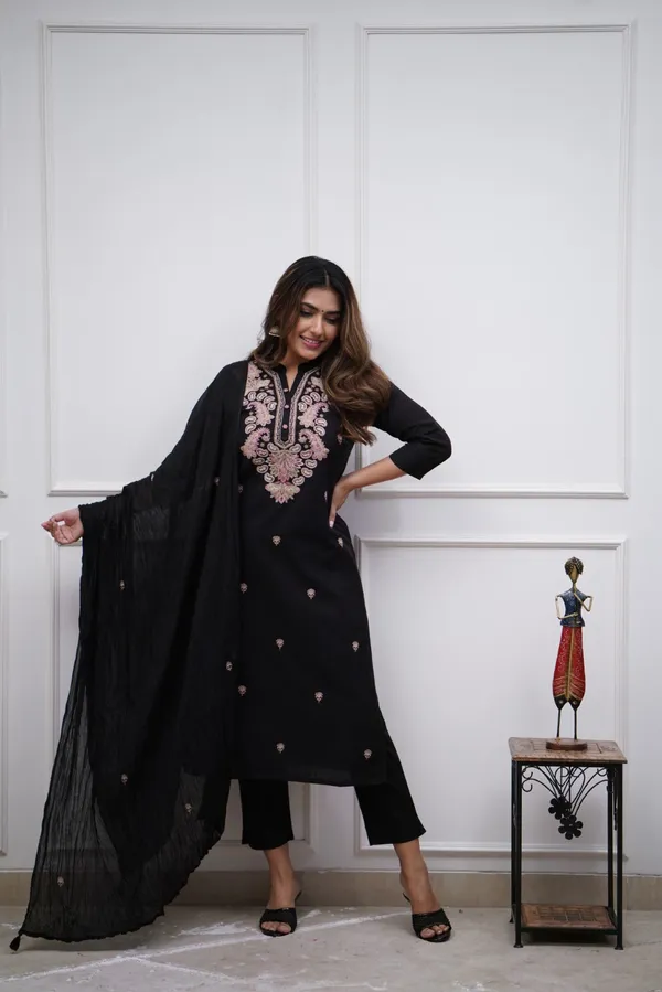 Black_Chanderi_Viscose_Embroidered_A-Line_Kurta_With_Dupatta_And_Pant_Set_For_Women