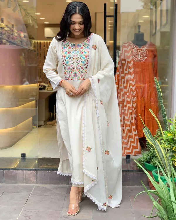 White_Chanderi_Viscose_Embroidered_A-Line_Kurta_With_Dupatta_And_Pant_Set_For_Women