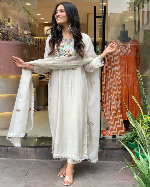 White_Chanderi_Viscose_Embroidered_A-Line_Kurta_With_Dupatta_And_Pant_Set_For_Women