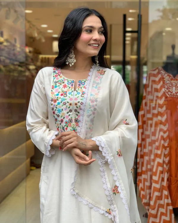 White_Chanderi_Viscose_Embroidered_A-Line_Kurta_With_Dupatta_And_Pant_Set_For_Women