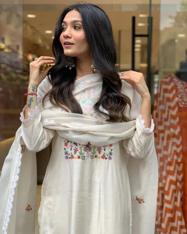 White_Chanderi_Viscose_Embroidered_A-Line_Kurta_With_Dupatta_And_Pant_Set_For_Women
