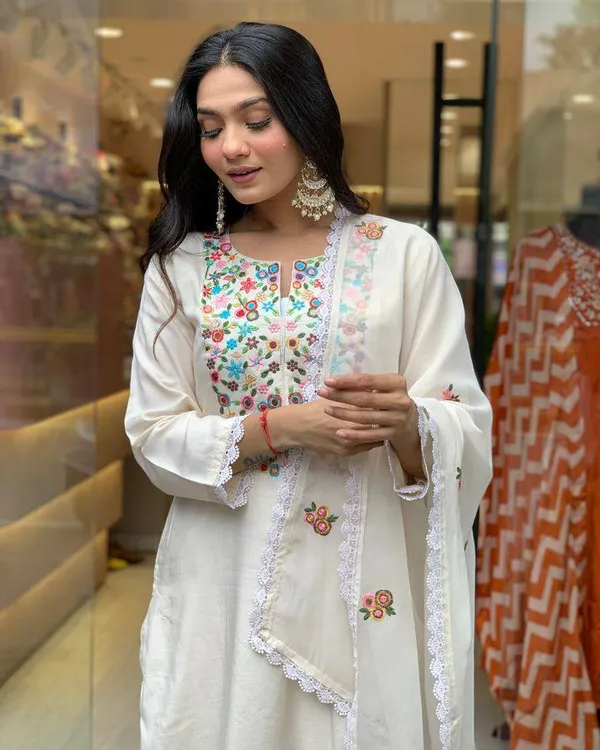 White_Chanderi_Viscose_Embroidered_A-Line_Kurta_With_Dupatta_And_Pant_Set_For_Women