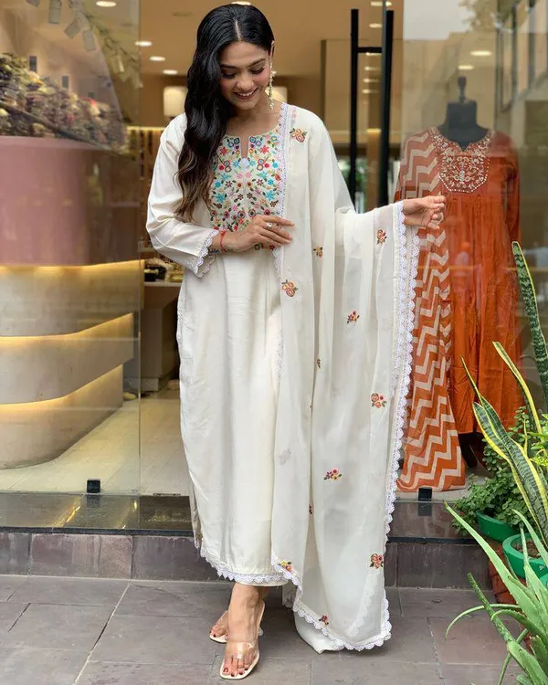 White_Chanderi_Viscose_Embroidered_A-Line_Kurta_With_Dupatta_And_Pant_Set_For_Women