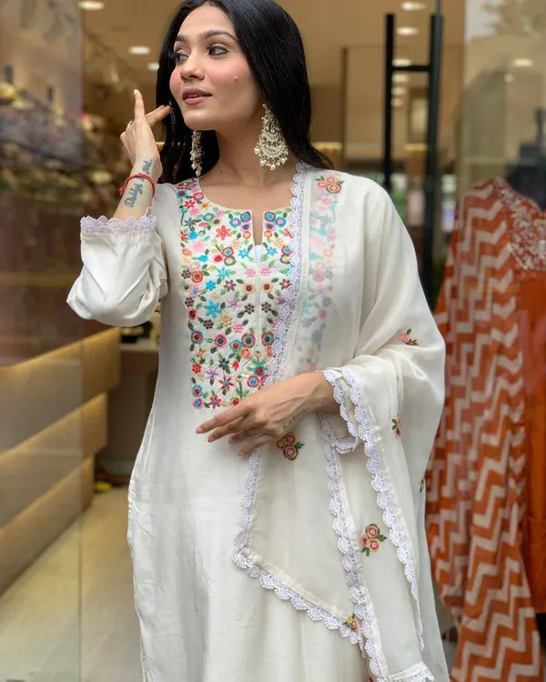 White_Chanderi_Viscose_Embroidered_A-Line_Kurta_With_Dupatta_And_Pant_Set_For_Women