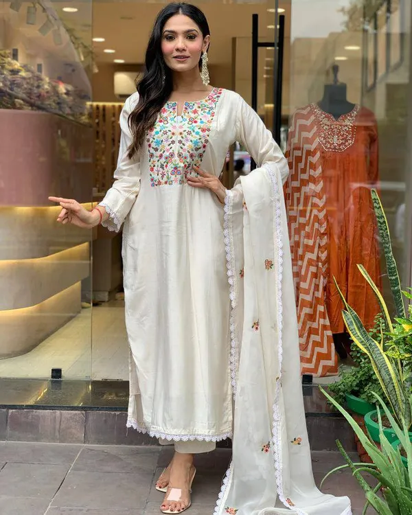 White_Chanderi_Viscose_Embroidered_A-Line_Kurta_With_Dupatta_And_Pant_Set_For_Women