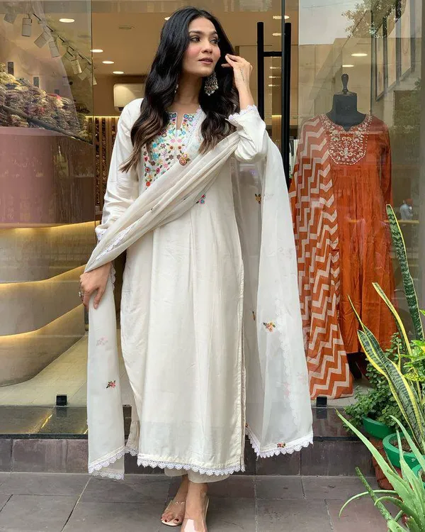 White_Chanderi_Viscose_Embroidered_A-Line_Kurta_With_Dupatta_And_Pant_Set_For_Women