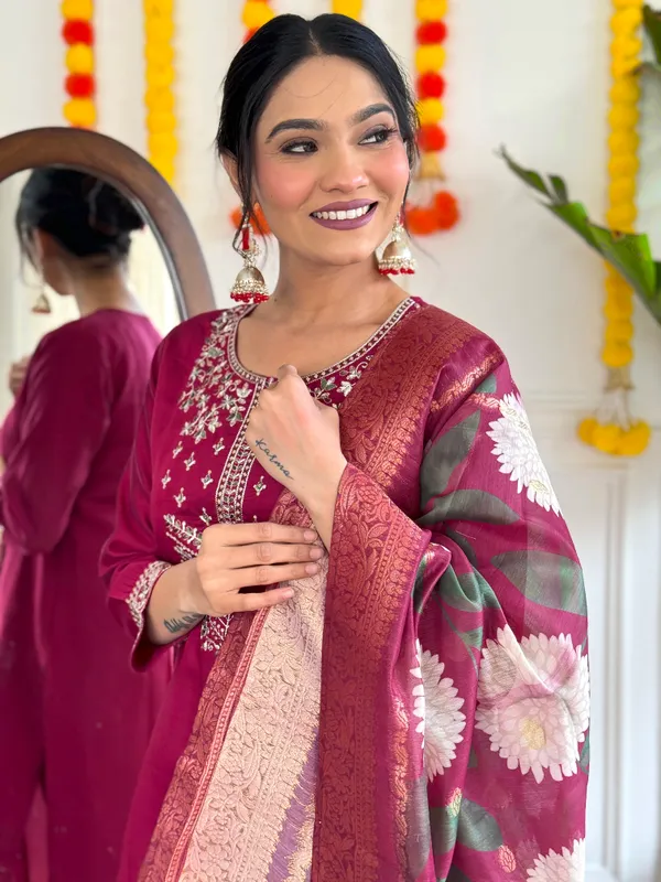 Maroon_Chanderi_Viscose_Embroidered_A-Line_Kurta_With_Dupatta_And_Pant_Set_For_Women