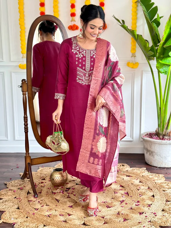 Maroon_Chanderi_Viscose_Embroidered_A-Line_Kurta_With_Dupatta_And_Pant_Set_For_Women