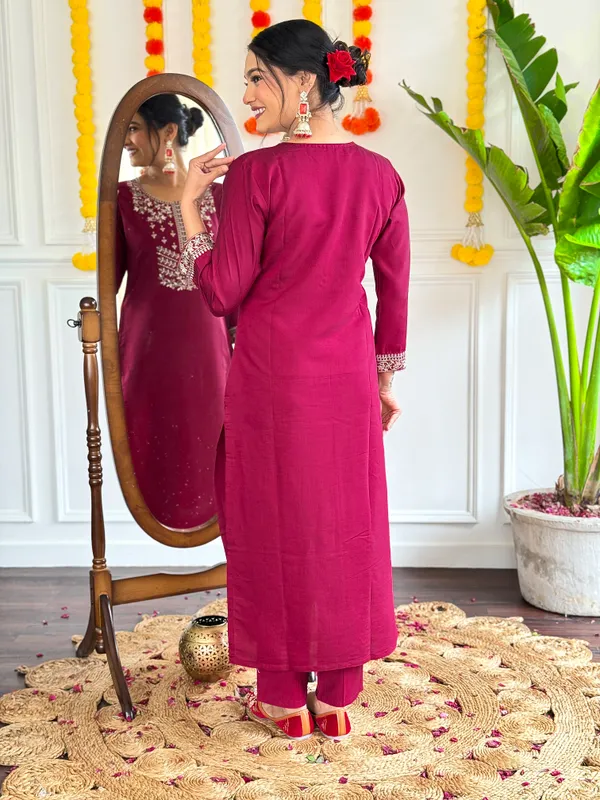 Maroon_Chanderi_Viscose_Embroidered_A-Line_Kurta_With_Dupatta_And_Pant_Set_For_Women