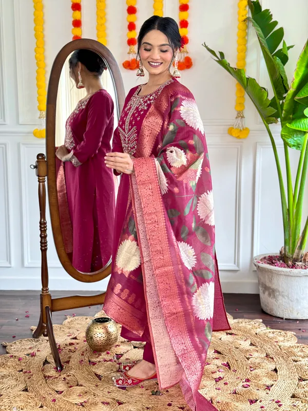 Maroon_Chanderi_Viscose_Embroidered_A-Line_Kurta_With_Dupatta_And_Pant_Set_For_Women