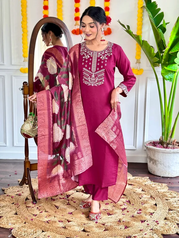 Maroon_Chanderi_Viscose_Embroidered_A-Line_Kurta_With_Dupatta_And_Pant_Set_For_Women
