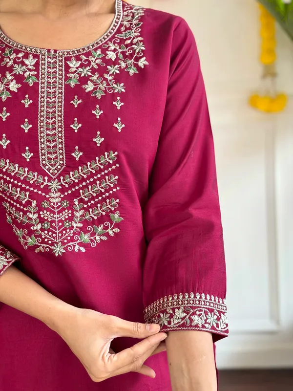 Maroon_Chanderi_Viscose_Embroidered_A-Line_Kurta_With_Dupatta_And_Pant_Set_For_Women