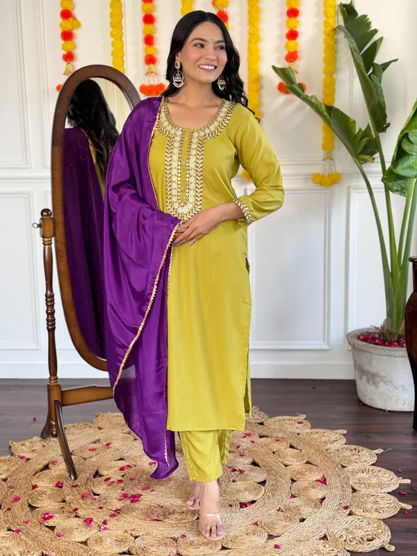 Yellow_Rayon_Slub_Embroidered_A-Line_Kurta_With_Dupatta_And_Pant_Set_For_Women