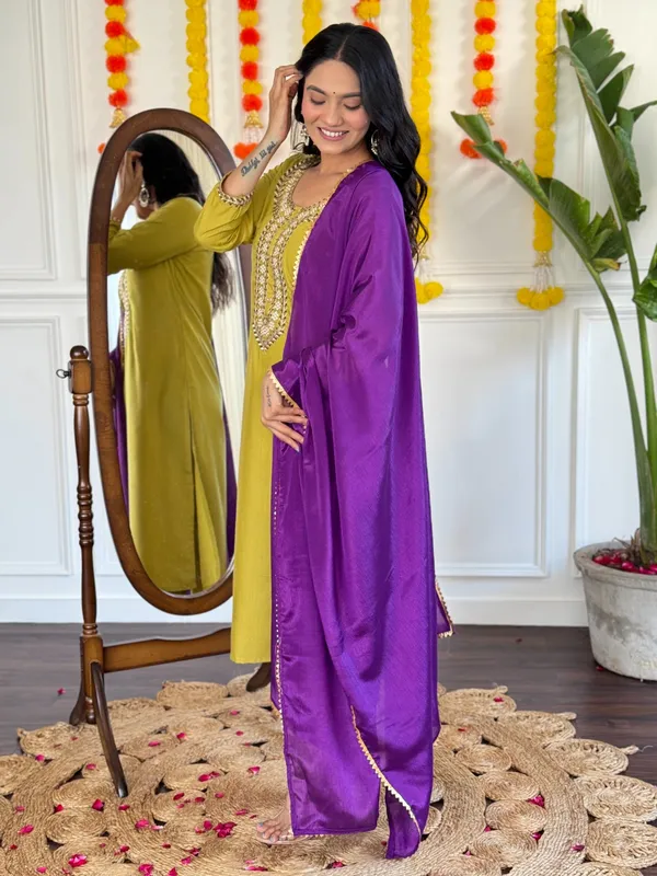 Yellow_Rayon_Slub_Embroidered_A-Line_Kurta_With_Dupatta_And_Pant_Set_For_Women