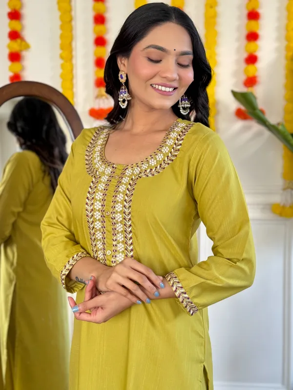 Yellow_Rayon_Slub_Embroidered_A-Line_Kurta_With_Dupatta_And_Pant_Set_For_Women