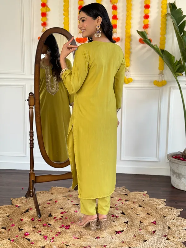 Yellow_Rayon_Slub_Embroidered_A-Line_Kurta_With_Dupatta_And_Pant_Set_For_Women