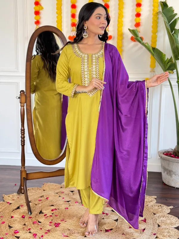 Yellow_Rayon_Slub_Embroidered_A-Line_Kurta_With_Dupatta_And_Pant_Set_For_Women