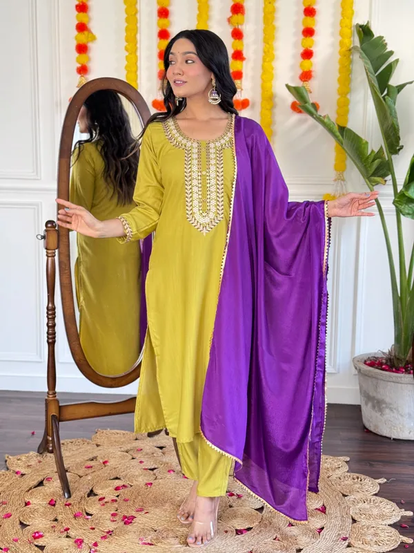 Yellow_Rayon_Slub_Embroidered_A-Line_Kurta_With_Dupatta_And_Pant_Set_For_Women