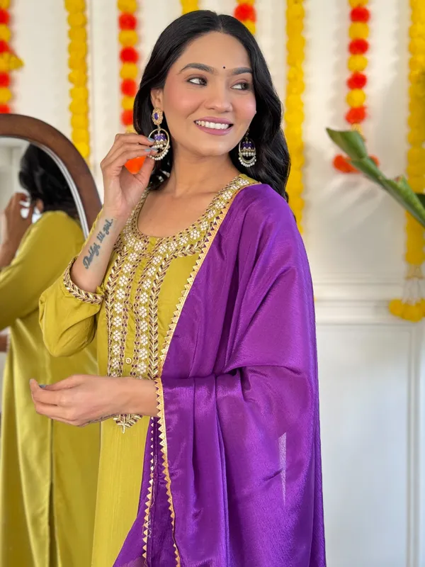 Yellow_Rayon_Slub_Embroidered_A-Line_Kurta_With_Dupatta_And_Pant_Set_For_Women