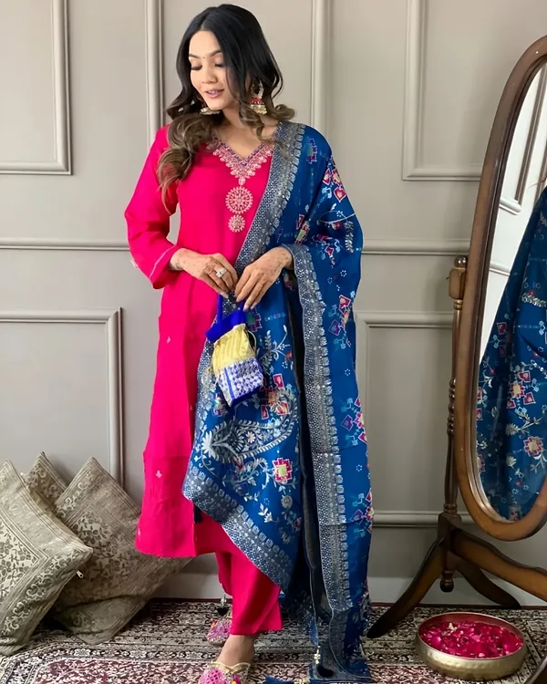 Red_Embroidered_Straight_Kurta_with_Pants_&_Jacquard_Dupatta_Set_For_Women