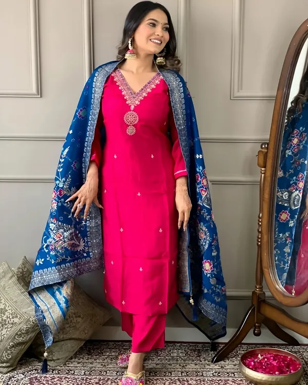 Red_Embroidered_Straight_Kurta_with_Pants_&_Jacquard_Dupatta_Set_For_Women