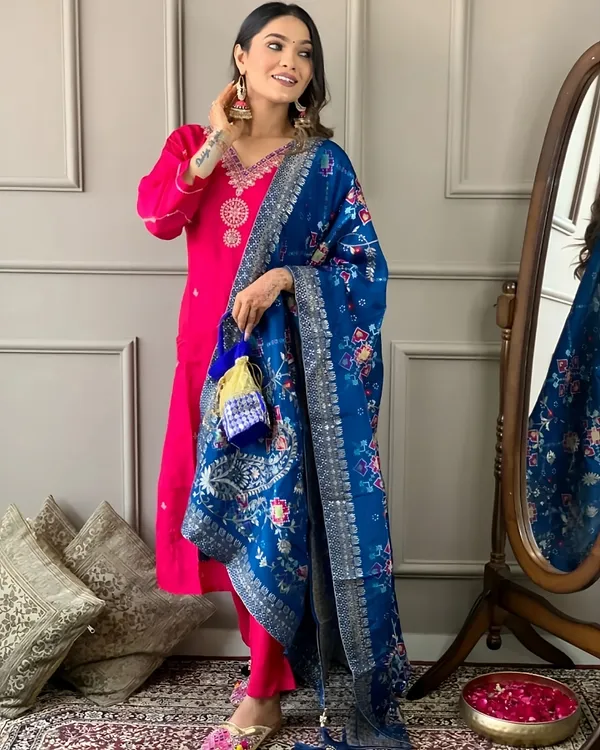 Red_Embroidered_Straight_Kurta_with_Pants_&_Jacquard_Dupatta_Set_For_Women