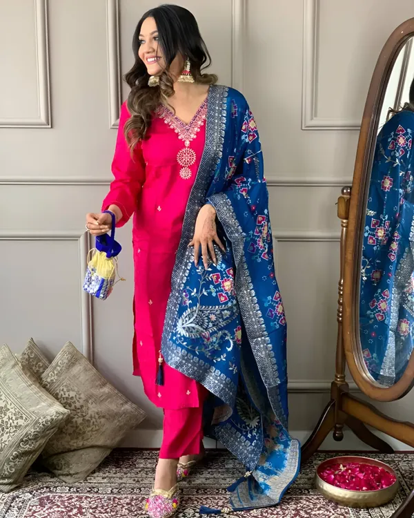 Red_Embroidered_Straight_Kurta_with_Pants_&_Jacquard_Dupatta_Set_For_Women