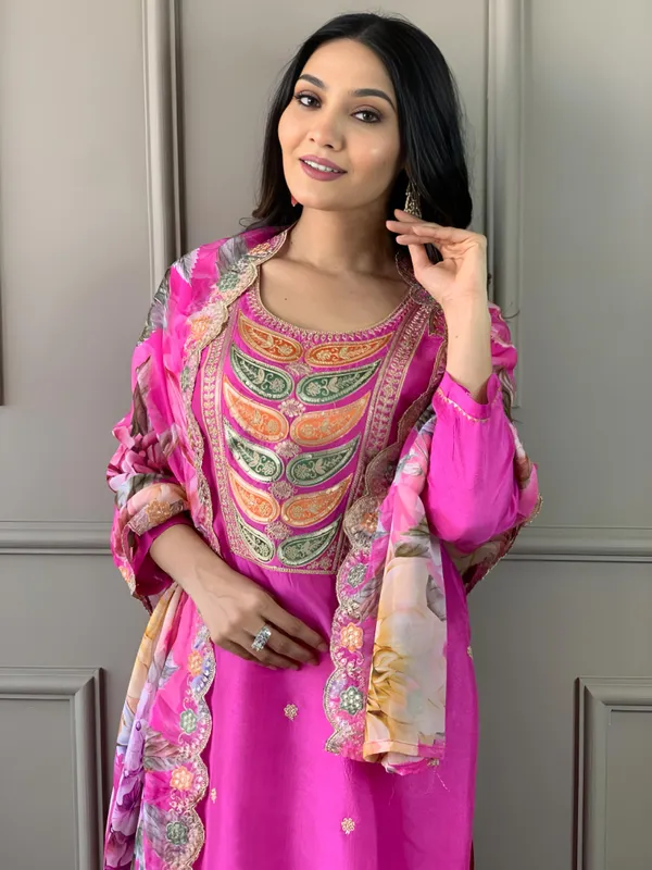 Pink_Chanderi_Viscose_Embroidered_A-Line_Kurta_With_Dupatta_And_Pant_Set_For_Women
