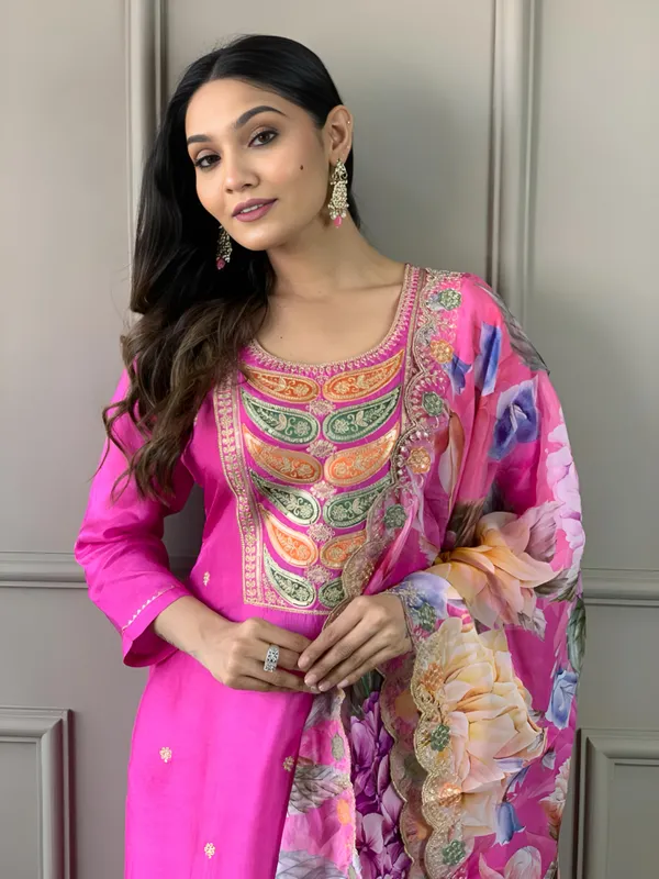 Pink_Chanderi_Viscose_Embroidered_A-Line_Kurta_With_Dupatta_And_Pant_Set_For_Women