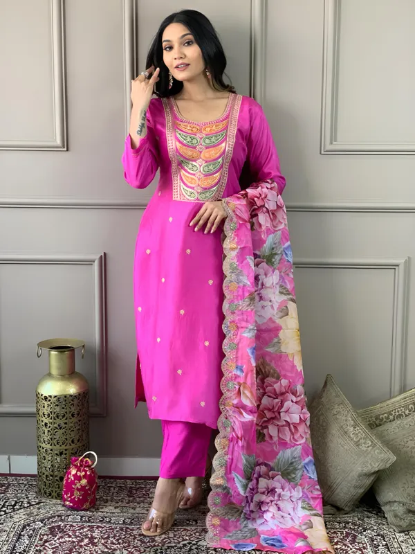 Pink_Chanderi_Viscose_Embroidered_A-Line_Kurta_With_Dupatta_And_Pant_Set_For_Women