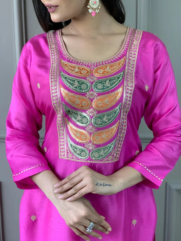 Pink_Chanderi_Viscose_Embroidered_A-Line_Kurta_With_Dupatta_And_Pant_Set_For_Women