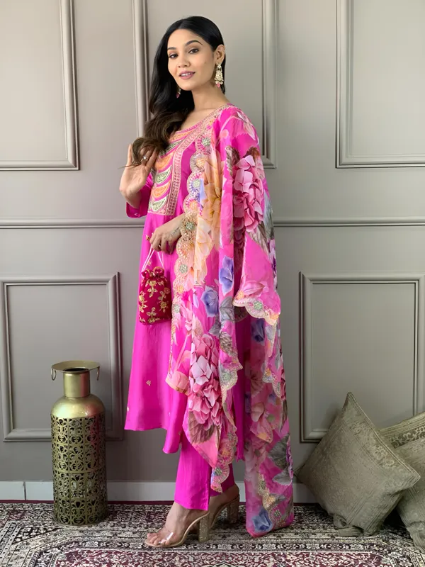Pink_Chanderi_Viscose_Embroidered_A-Line_Kurta_With_Dupatta_And_Pant_Set_For_Women