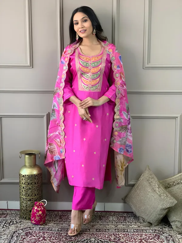 Pink_Chanderi_Viscose_Embroidered_A-Line_Kurta_With_Dupatta_And_Pant_Set_For_Women