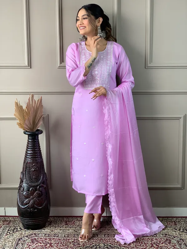 Lavender_Chanderi_Viscose_Embroidered_A-Line_Kurta_With_Dupatta_And_Pant_Set_For_Women