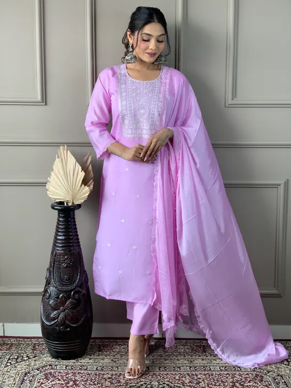Lavender_Chanderi_Viscose_Embroidered_A-Line_Kurta_With_Dupatta_And_Pant_Set_For_Women