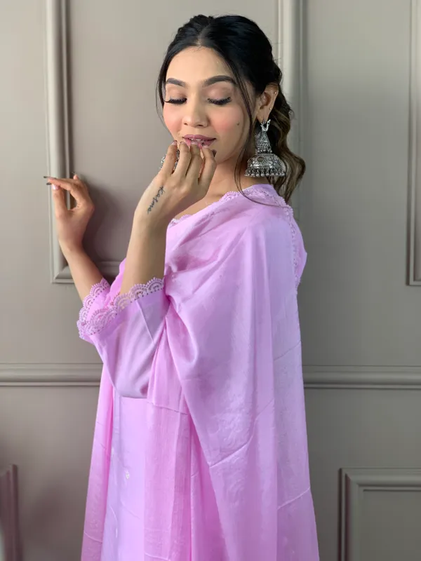 Lavender_Chanderi_Viscose_Embroidered_A-Line_Kurta_With_Dupatta_And_Pant_Set_For_Women