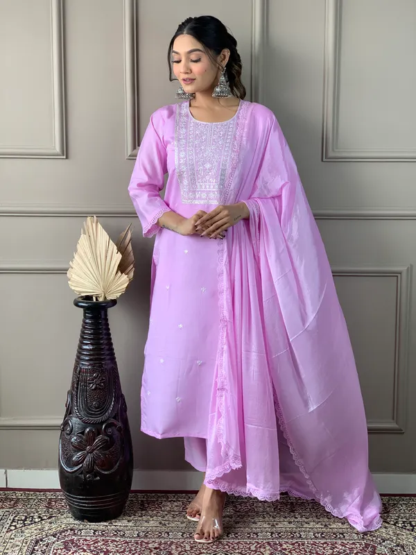 Lavender_Chanderi_Viscose_Embroidered_A-Line_Kurta_With_Dupatta_And_Pant_Set_For_Women