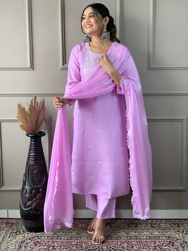 Lavender_Chanderi_Viscose_Embroidered_A-Line_Kurta_With_Dupatta_And_Pant_Set_For_Women