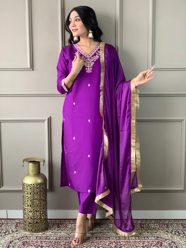 Purple_Chanderi_Viscose_Embroidered_A-Line_Kurta_With_Dupatta_And_Pant_Set_For_Women