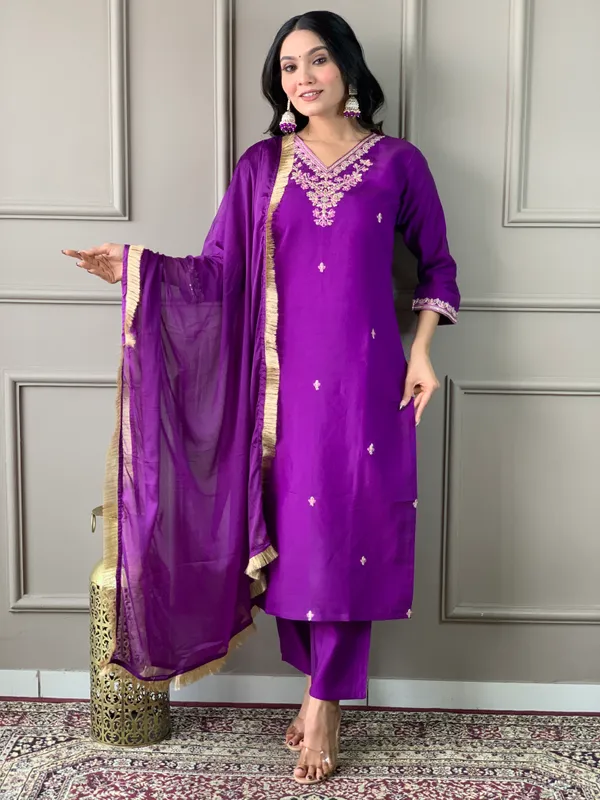 Purple_Chanderi_Viscose_Embroidered_A-Line_Kurta_With_Dupatta_And_Pant_Set_For_Women
