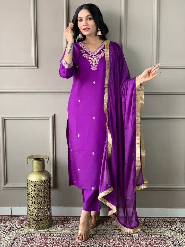 Purple_Chanderi_Viscose_Embroidered_A-Line_Kurta_With_Dupatta_And_Pant_Set_For_Women