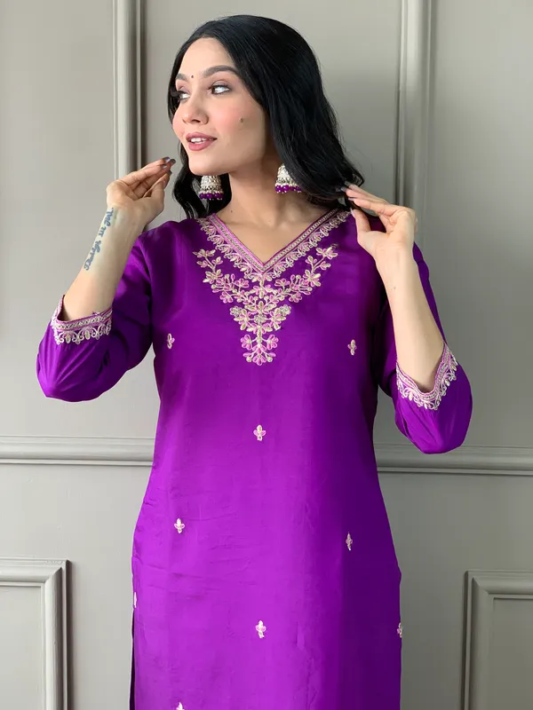 Purple_Chanderi_Viscose_Embroidered_A-Line_Kurta_With_Dupatta_And_Pant_Set_For_Women