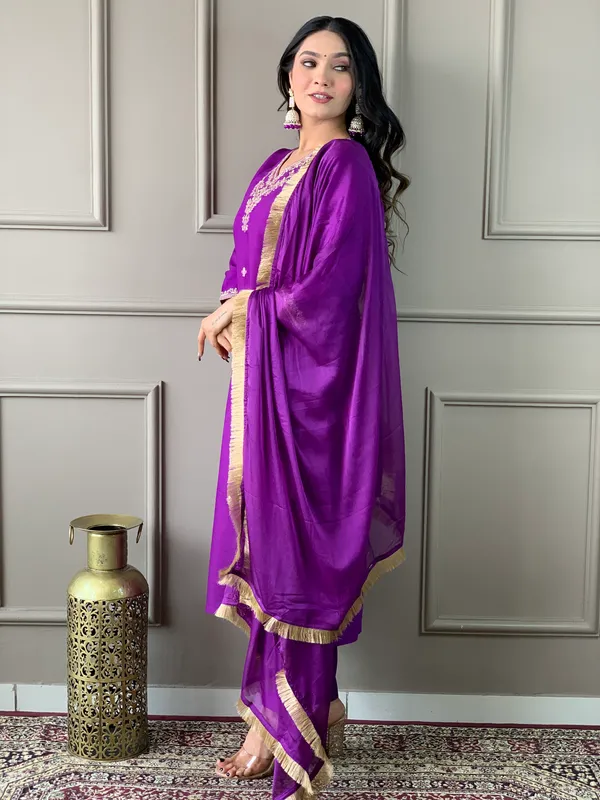 Purple_Chanderi_Viscose_Embroidered_A-Line_Kurta_With_Dupatta_And_Pant_Set_For_Women
