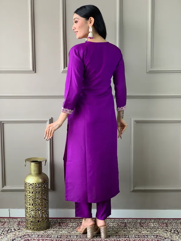 Purple_Chanderi_Viscose_Embroidered_A-Line_Kurta_With_Dupatta_And_Pant_Set_For_Women