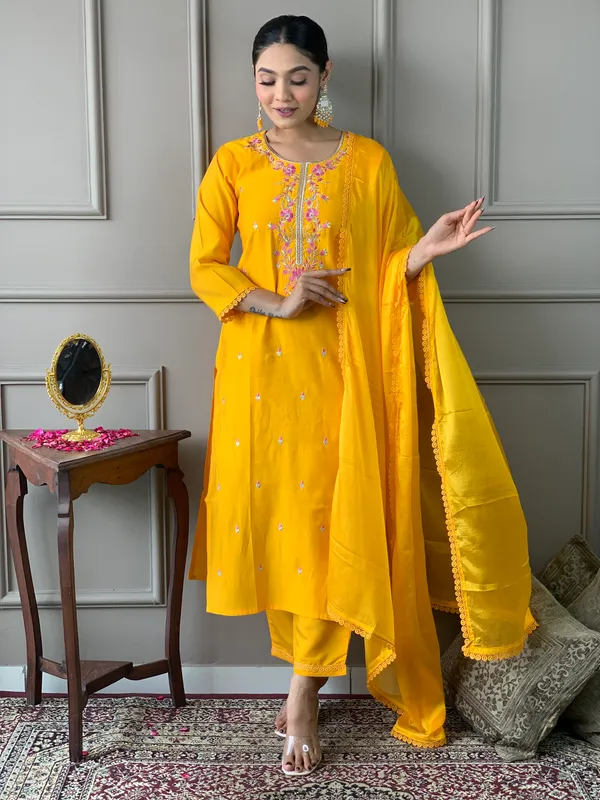 Yellow_Chanderi_Viscose_Embroidered_A-Line_Kurta_With_Dupatta_And_Pant_Set_For_Women