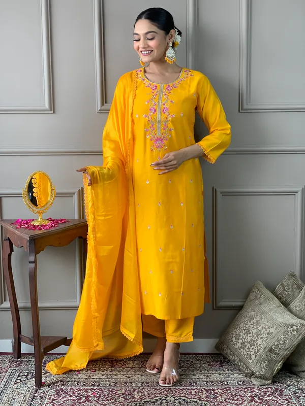 Yellow_Chanderi_Viscose_Embroidered_A-Line_Kurta_With_Dupatta_And_Pant_Set_For_Women