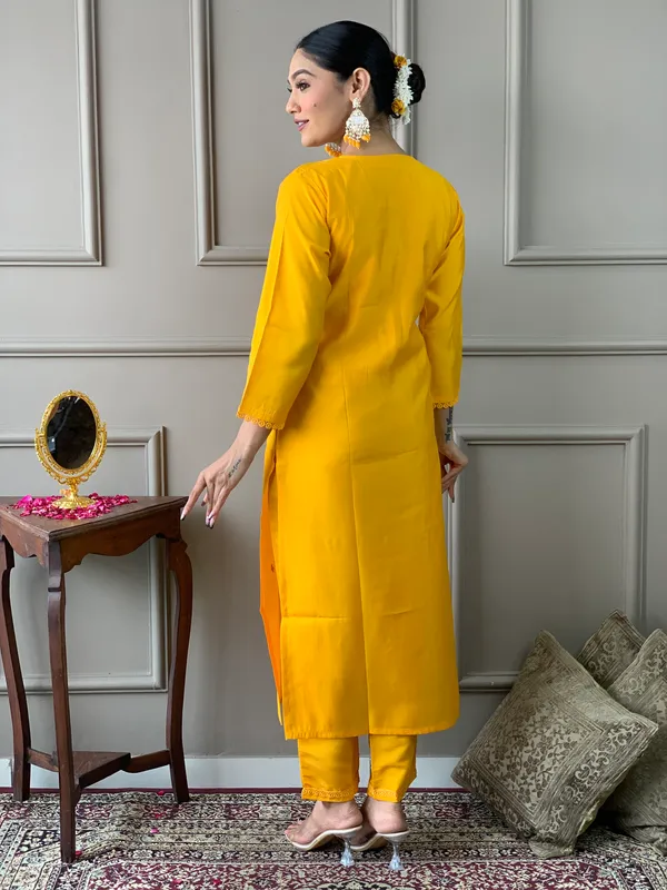 Yellow_Chanderi_Viscose_Embroidered_A-Line_Kurta_With_Dupatta_And_Pant_Set_For_Women