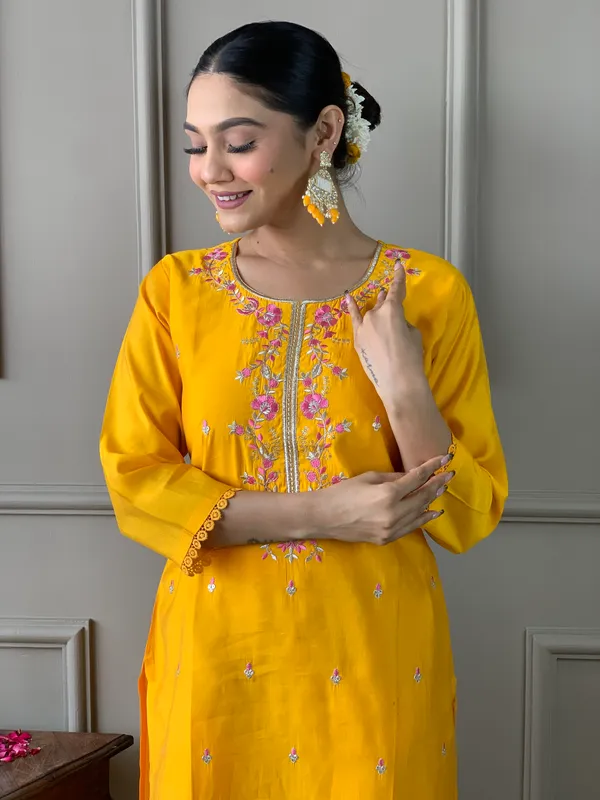 Yellow_Chanderi_Viscose_Embroidered_A-Line_Kurta_With_Dupatta_And_Pant_Set_For_Women