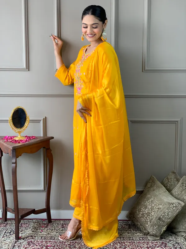 Yellow_Chanderi_Viscose_Embroidered_A-Line_Kurta_With_Dupatta_And_Pant_Set_For_Women