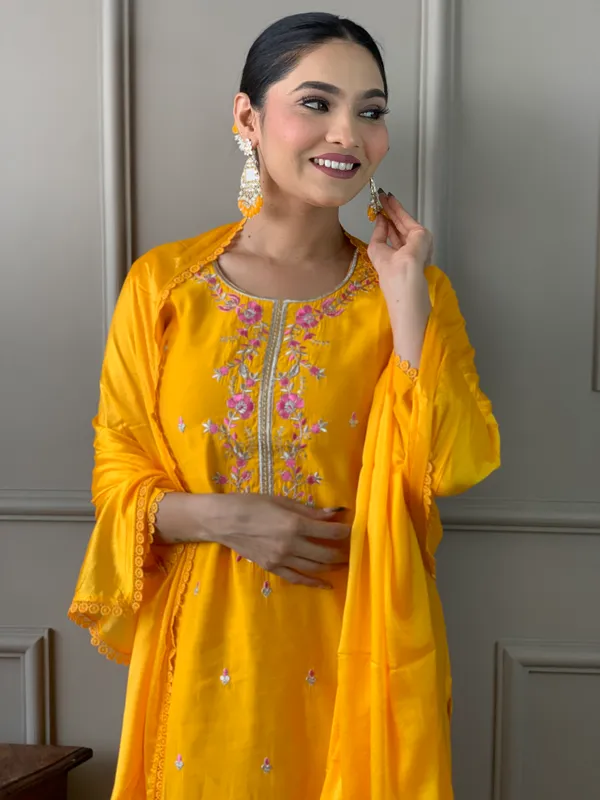 Yellow_Chanderi_Viscose_Embroidered_A-Line_Kurta_With_Dupatta_And_Pant_Set_For_Women